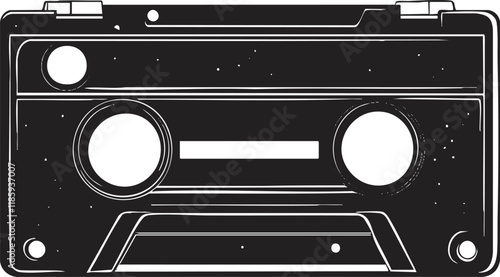 Black and white illustration of a vintage cassette tape.