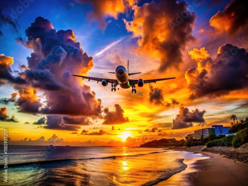 Double exposure magic captures a plane's descent over breathtaking Sint Maarten, showcasing Caribbean paradise. photo