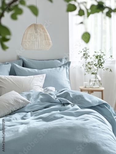 Serene Blue Linen Bedding W...