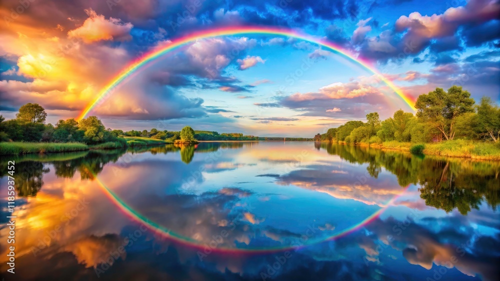 Double exposure reveals a rainbow river's ethereal beauty, a surreal, peaceful nature scene.