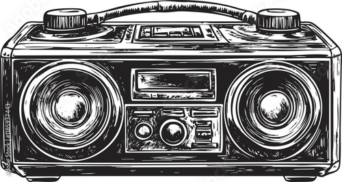 Black and white illustration of a retro boombox stereo.