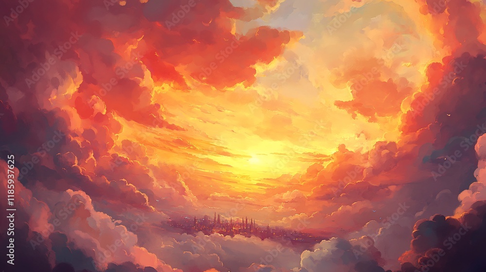 Sunset Cityscape Above the Clouds: A Digital Painting of a Vibrant, Dreamlike City at Golden Hour Sunset Cityscape Above the Clouds: A Digital Painting of a Vibrant, Dreamlike City at Golden Hour