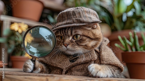 Curious cat detective investigating with magnifying glass photo