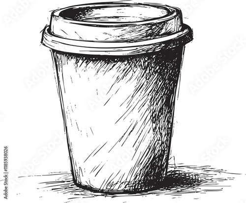 Hand-drawn sketch of a takeaway coffee cup in black and white.