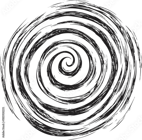 Abstract black and white spiral design with grunge texture.