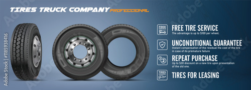 Front view, side view tires of a heavy truck lorry. Advertisement poster. Web design. Promotion. Simple background.