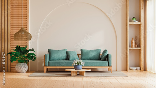 Modern living room interior with mint green sofa on the white wall in living room- 3D rendering photo