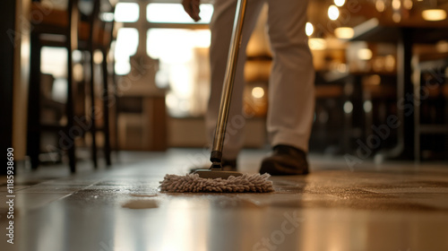 restaurant worker mops floor in dining area, ensuring cleanliness and hygiene. warm lighting creates welcoming atmosphere for guests