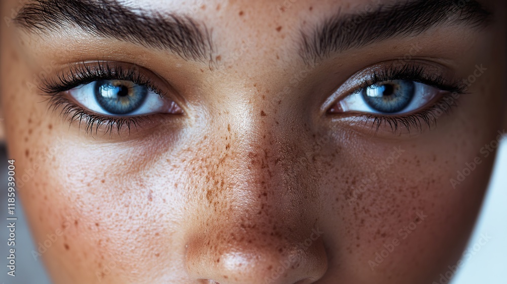 Fototapeta premium Close-up portrait of a woman with beautiful eyes and makeup, showing detailed eyelashes, eyebrows, and skin features