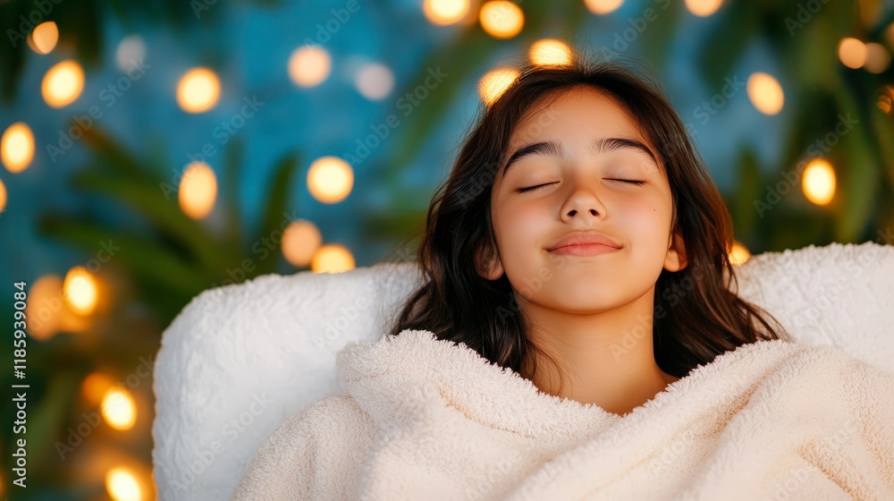 Serene Young Girl Relaxing with Closed Eyes Amidst Soft Lights