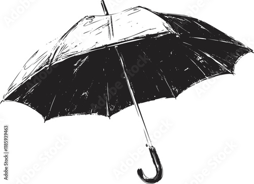 Black and white sketch of an open umbrella with a curved handle.
