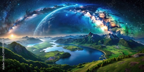 Global panorama: vibrant green, deep blue ocean, towering peaks, all under a breathtaking night sky.