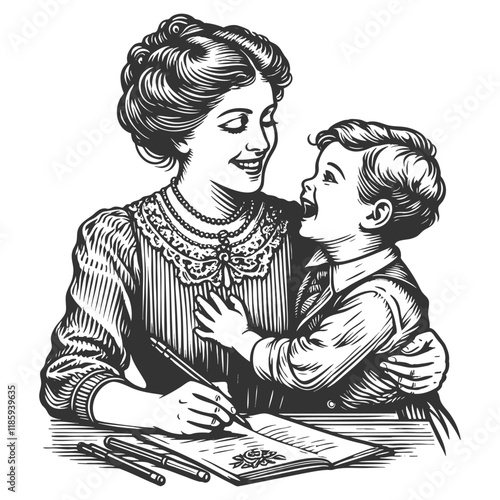 Happy mother and son sharing warm, joyful moment, drawn in a classic retro style sketch engraving generative ai fictional character vector illustration. Scratch board imitation. Black and white image.