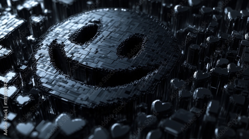 Layered collage of black 3D pixel elements arranged in a spiral pattern - featuring extruded 8-bit style icons with varying depths and sizes. Central focus on a large pixelated smile face with subtle Layered collage of black 3D pixel elements arranged in a spiral pattern - featuring extruded 8-bit style icons with varying depths and sizes. Central focus on a large pixelated smile face with subtle