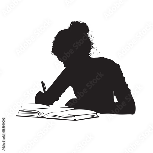 Silhouette of a Woman Writing in a Book - Vector Illustration