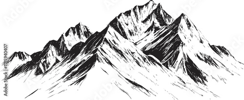 Black and white illustration of mountain range with detailed sketch lines.