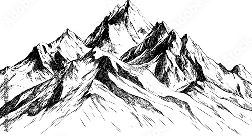 Black and white illustration of mountain peaks in a sketch style.
