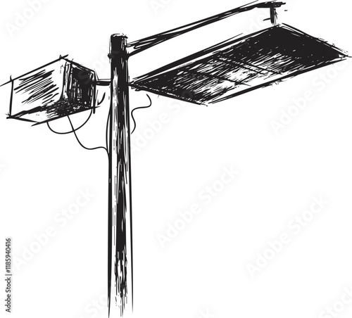 Sketch of a streetlight on a pole in black and white.