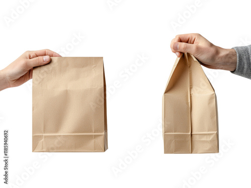 Hands Holding Plain Brown Paper Bags Isolated on transparent background