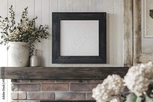 Blank frame mockup, fireplace mantel, rustic room, floral decor