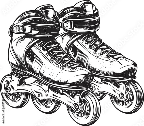 Detailed illustration of rollerblades showcasing inline wheels and laced design.
