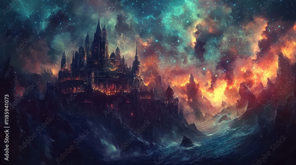 Fototapeta premium Majestic Castle Perched Upon Rocky Cliffs Under a Starry Sky