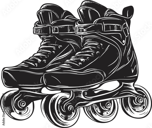 Black and white illustration of inline rollerblades with detailed design.