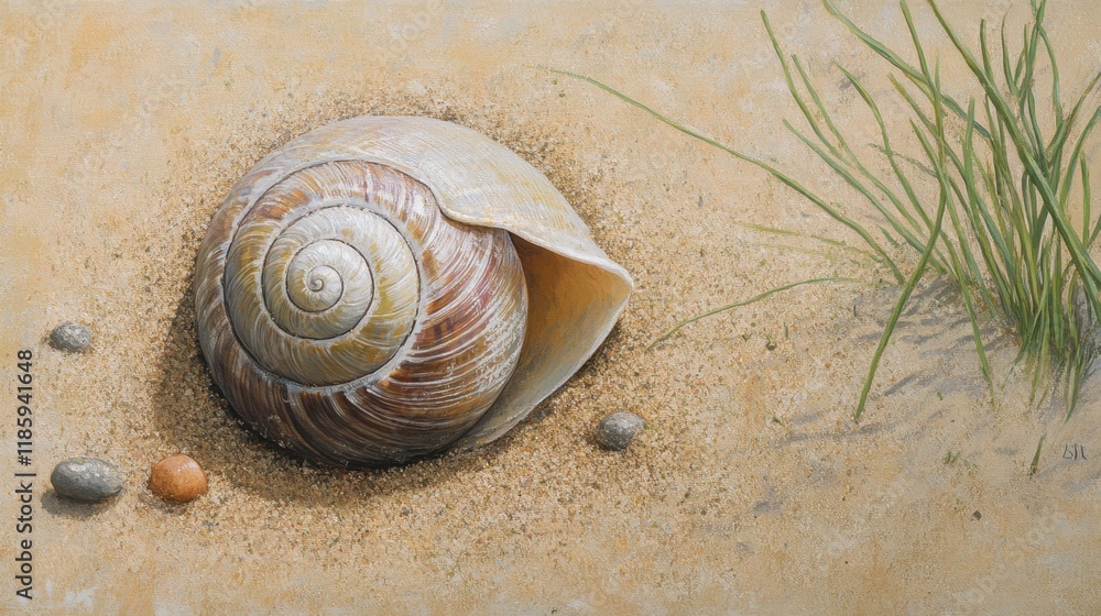 Detailed Close-up of a Spiral Shell on Sandy Beach with Grass Detailed Close-up of a Spiral Shell on Sandy Beach with Grass