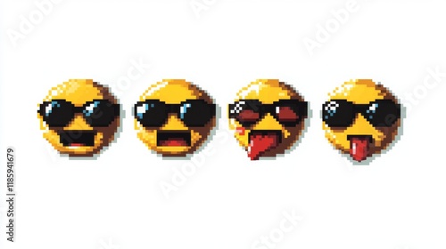 Collection of four retro pixel emoticons arranged in 2x2 grid, each 32x32 pixels in size. Features crying laughing face, heart eyes, tongue out, and sunglasses expressions. Each icon rendered in photo