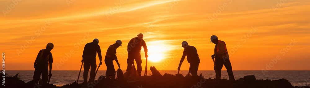 Efforts to clean coast are silhouetted against stunning sunset, showcasing teamwork and dedication. scene captures beauty of nature and importance of environmental care Efforts to clean coast are silhouetted against stunning sunset, showcasing teamwork and dedication. scene captures beauty of nature and importance of environmental care