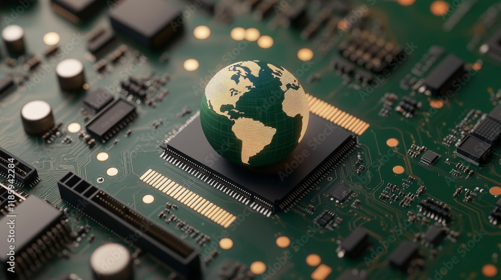 Fototapeta premium Green Earth Globe on Circuit Board Representing Technology Evolution