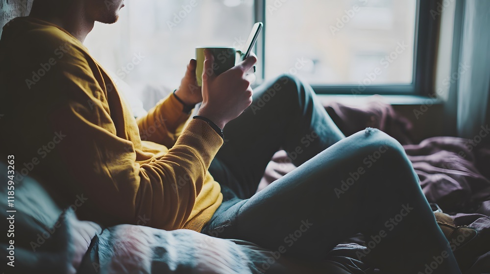 Man relaxing in bed using phone and drinking coffee Man relaxing in bed using phone and drinking coffee