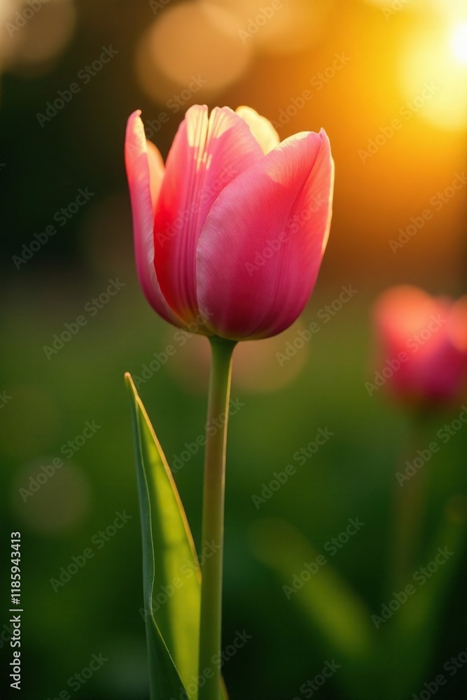Warm sunset light shines on a delicate pink tulip, green, garden Warm sunset light shines on a delicate pink tulip, green, garden