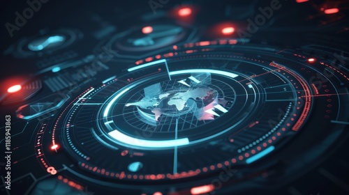 Wallpaper Mural Futuristic digital interface with glowing world map, data visualization, and technology elements, showcasing global connectivity and innovation Torontodigital.ca