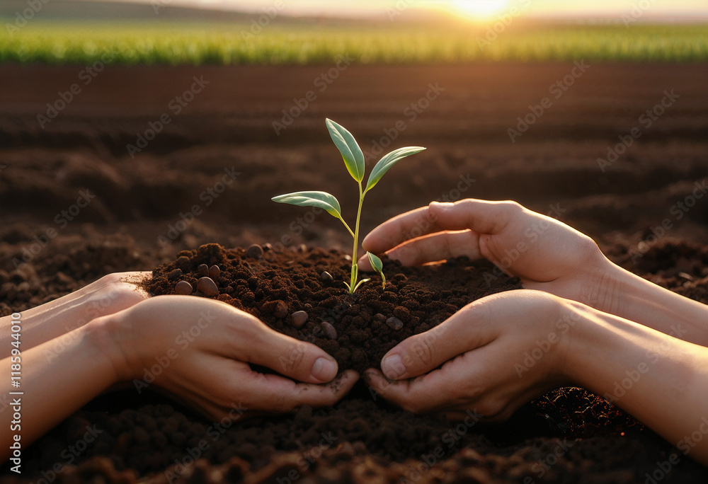 Farmer hands planting seedlings in garden. generative AI Farmer hands planting seedlings in garden. generative AI