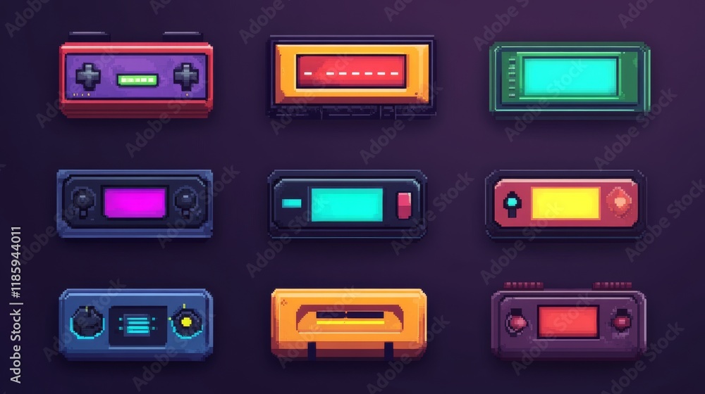 Retro style battery meter collection, pixel perfect edges, arcade game interface elements, progressive color charging states, minimalist black outlines, geometric pixel shapes, classic 8-bit design, Retro style battery meter collection, pixel perfect edges, arcade game interface elements, progressive color charging states, minimalist black outlines, geometric pixel shapes, classic 8-bit design,