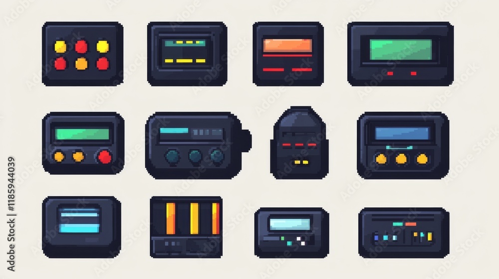 Retro style battery meter collection, pixel perfect edges, arcade game interface elements, progressive color charging states, minimalist black outlines, geometric pixel shapes, classic 8-bit design, Retro style battery meter collection, pixel perfect edges, arcade game interface elements, progressive color charging states, minimalist black outlines, geometric pixel shapes, classic 8-bit design,