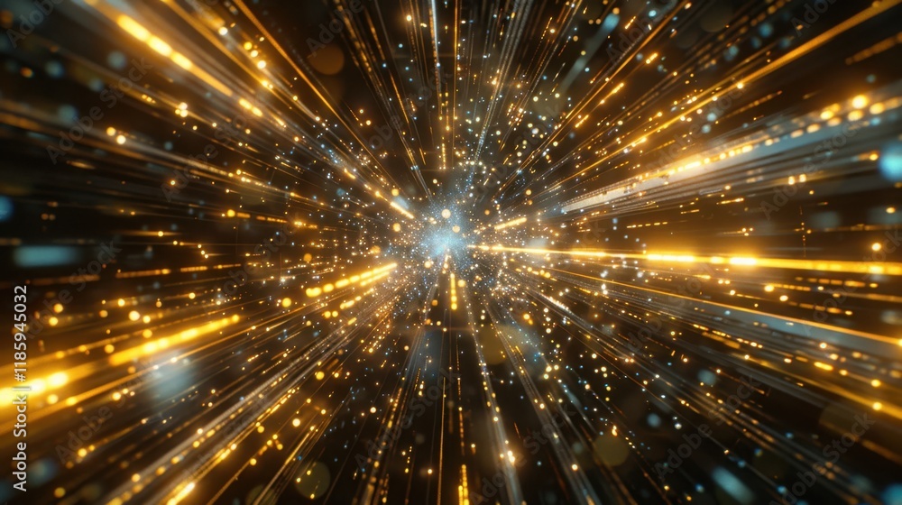 Abstract light burst with golden and blue particles creating dynamic, energetic effect, resembling cosmic explosion or starry background Abstract light burst with golden and blue particles creating dynamic, energetic effect, resembling cosmic explosion or starry background