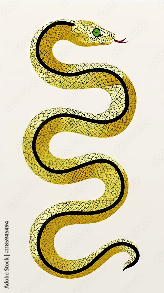 Fototapeta premium Golden Dragon or Golden Snake illustration design, minimalist, graphic design, clear scales, writhing body, white background, gold foil paper brush marks