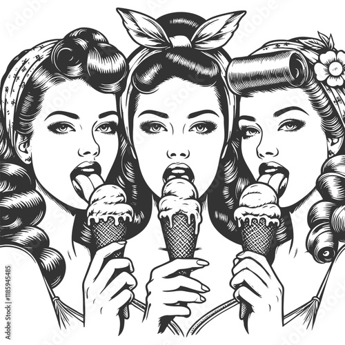 three retro-styled women enjoying ice cream cones, evoking a classic, nostalgic vibe sketch engraving generative ai vector illustration. Scratch board imitation. Black and white image.
