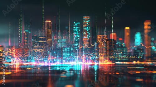 Wallpaper Mural Futuristic city skyline with vibrant neon lights and digital data visualization, showcasing blend of technology and urban life, creating dynamic atmosphere Torontodigital.ca