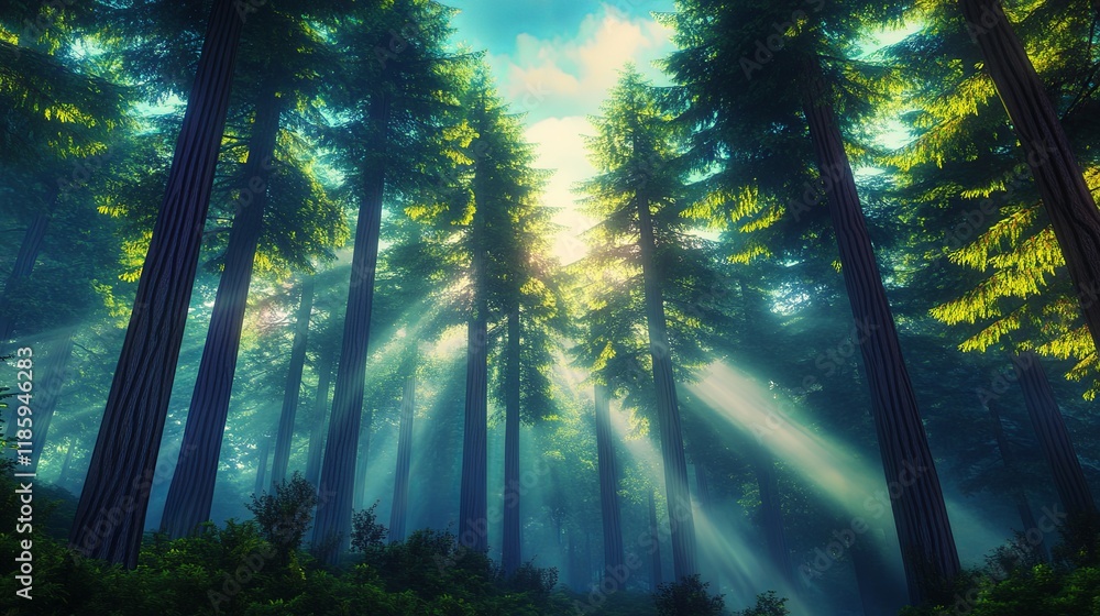 Obraz premium Gentle Light Filtering Through Misty Forest Trees