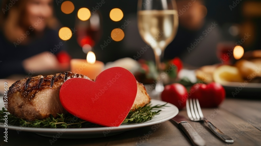 Fototapeta premium Romantic Dinner Setup with Heart Shape Decoration and Candlelight