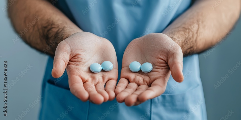 Close-up of hands holding four blue pills, focus on medical care.
