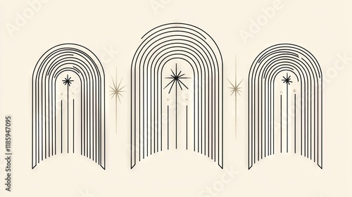 Elegant minimalist frame collection, thin black line drawings on off-white background, decorative arched doorways, oval shapes with sparkle accents, geometric crossed lines, simple star bursts, clean