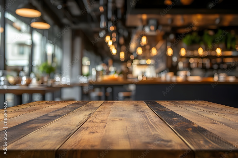 Rustic wooden table in blurred cafe; bokeh background, menu design