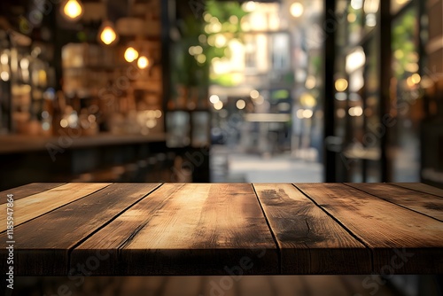 Rustic wooden table, cafe backdrop, city view, product display