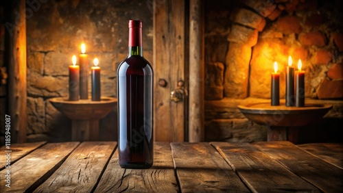 A bottle of red Bordeaux wine on a wooden table in a rustic cellar lit by soft candlelight, rusticdecor, vintage photo