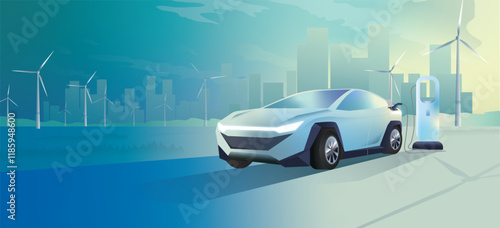 EV car charging vector with environmentally friendly solar panel and wind turbine farm, eco environmental friendly renewable energy resources and modern city landscape green background.