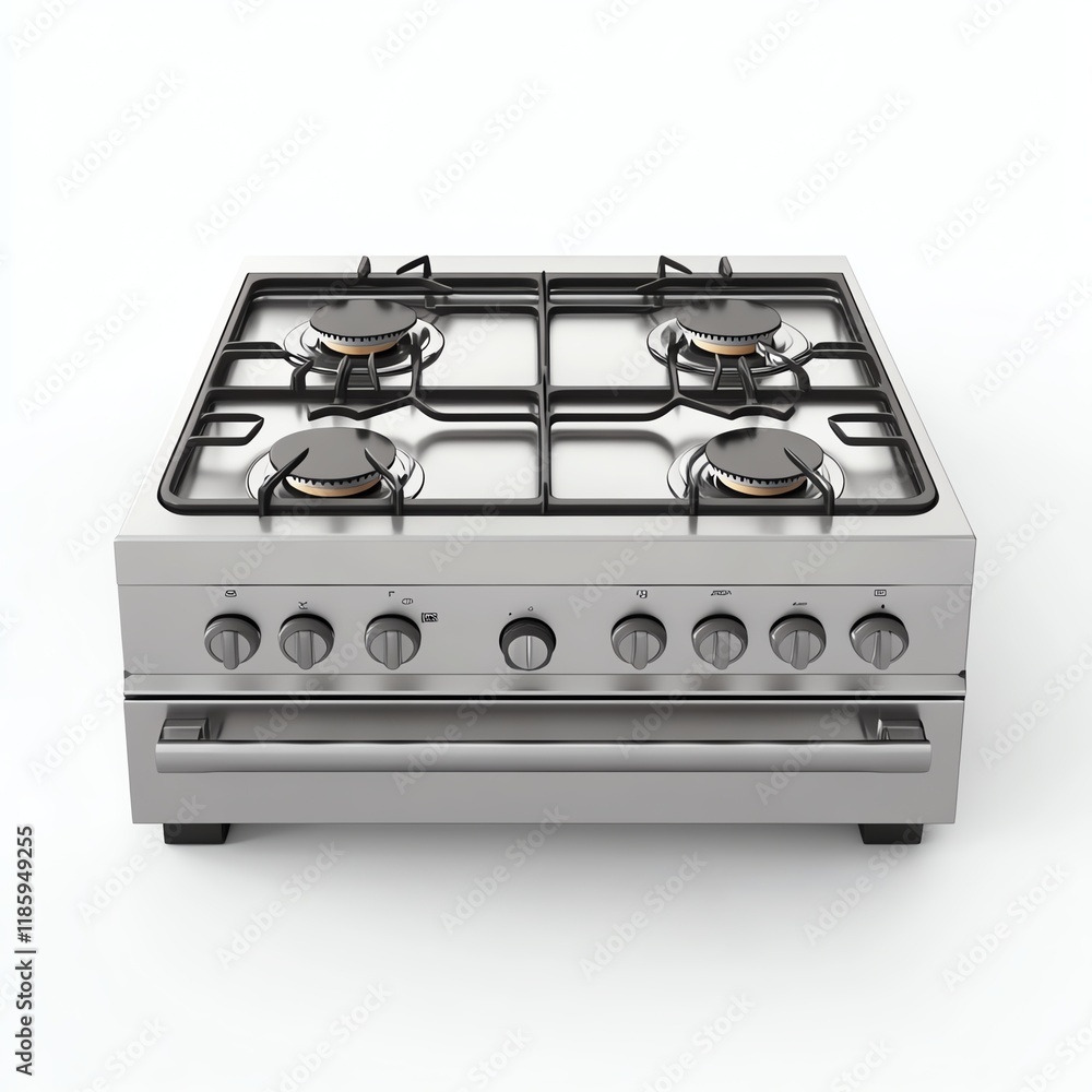 Stylish silver gas stove with four burners and control knobs, white isolate background. Stylish silver gas stove with four burners and control knobs, white isolate background.